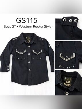 GS115 Boys 3T Black Western Button Up Shirt Skull Studded Rocker Style